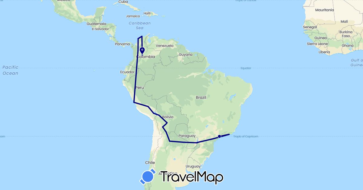 TravelMap itinerary: driving in Argentina, Bolivia, Brazil, Colombia, Peru (South America)